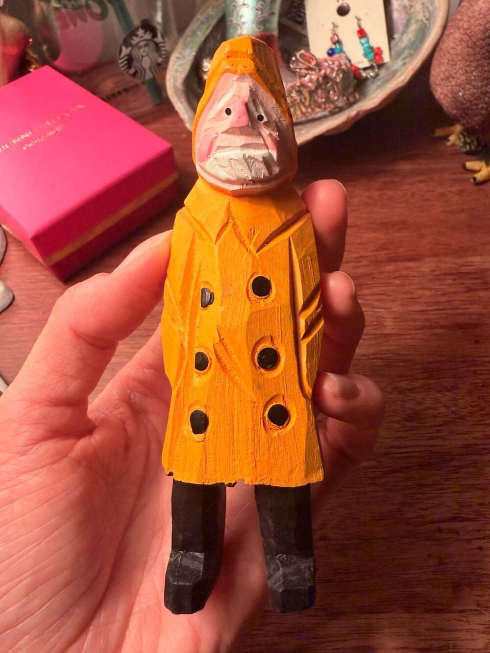 Hand Carved Wooden Fisherman in Yellow Raincoat Figurine Nautical Folk Art